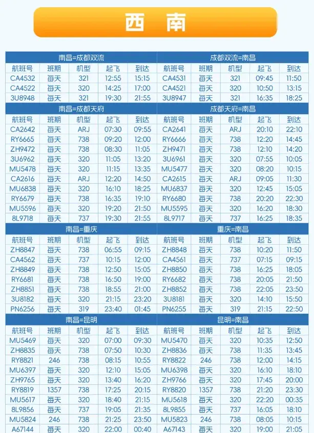 快收藏！江西各机场冬春航班时刻表公布  -图7